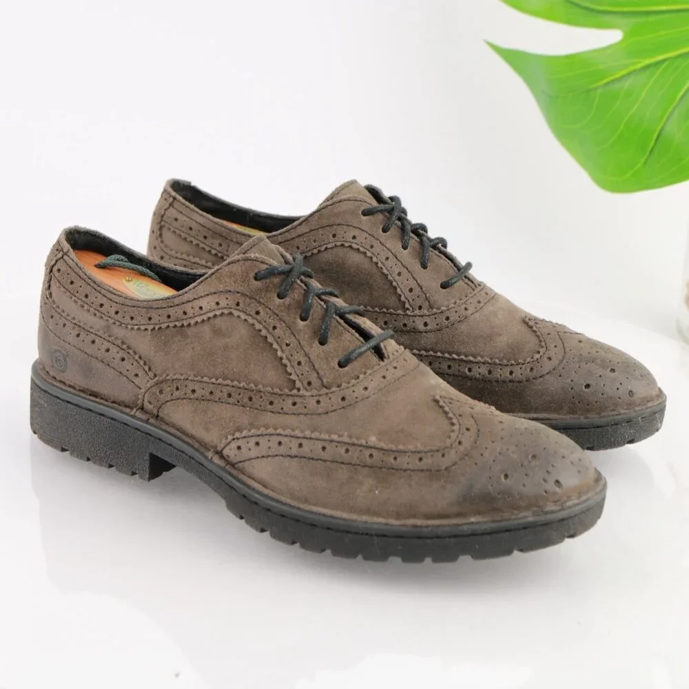 Born Mens Oxford Size 9 Brown Suede Wingtip‎ Brogue Lug Sole Dress Shoe